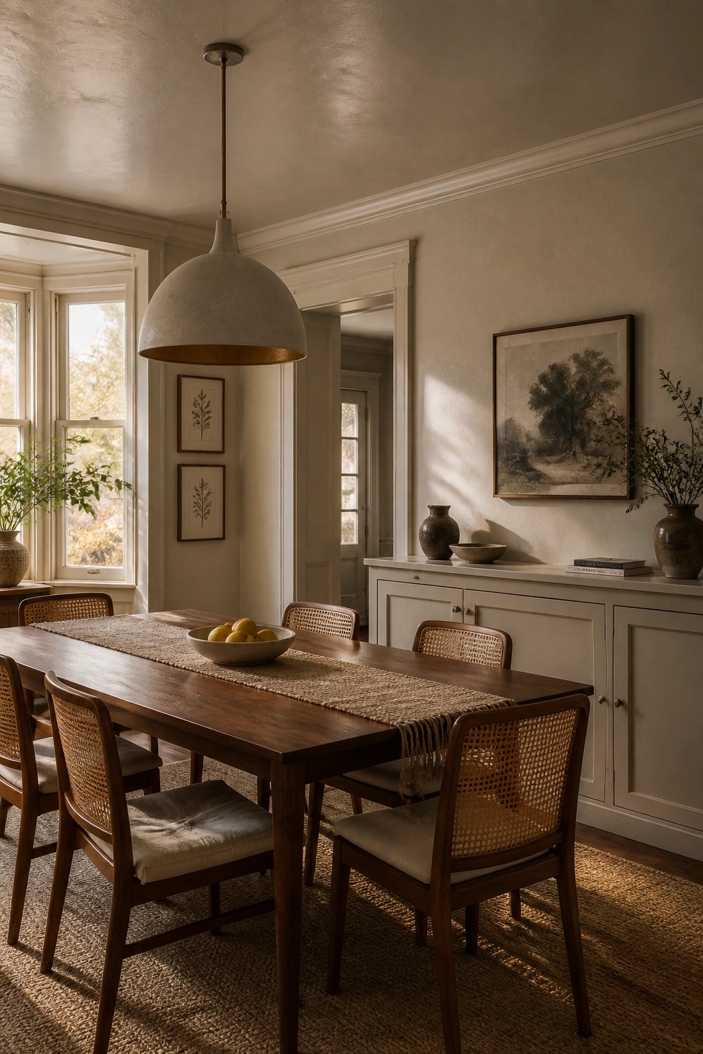 Dining room with warm greige walls and a dark wood table.