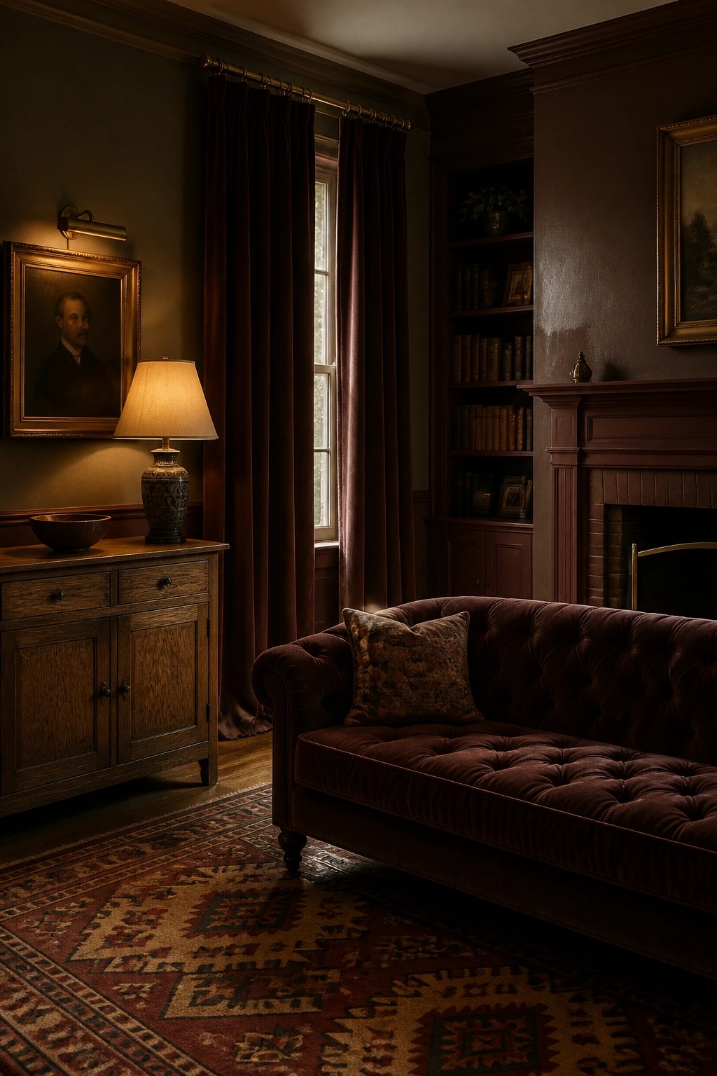 Dimly lit room with tufted burgundy velvet sofa, fireplace, bookshelves, and patterned rug.