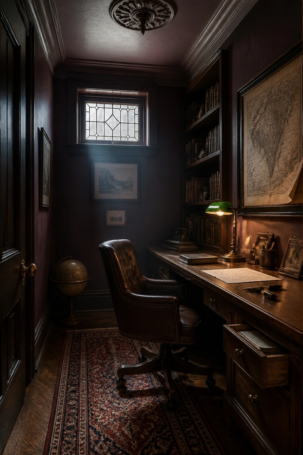 Dark burgundy walls in a dimly lit home office with a wooden desk and bookshelves.