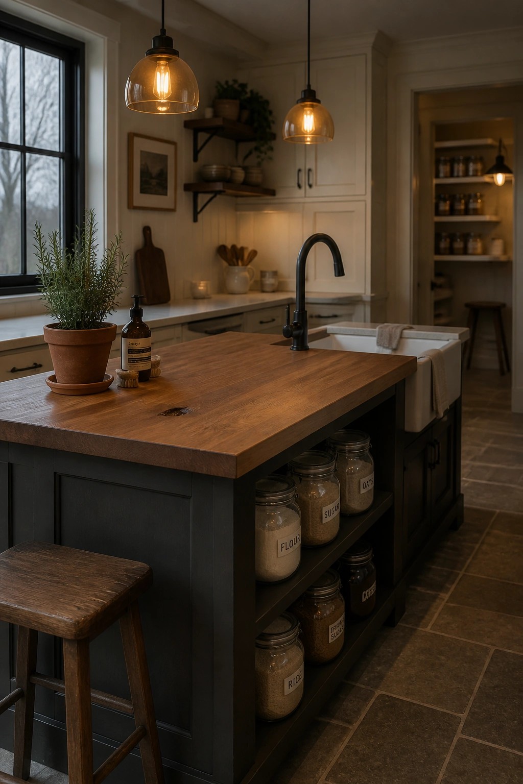 Dark charcoal cabinets on a kitchen island with open shelving below.