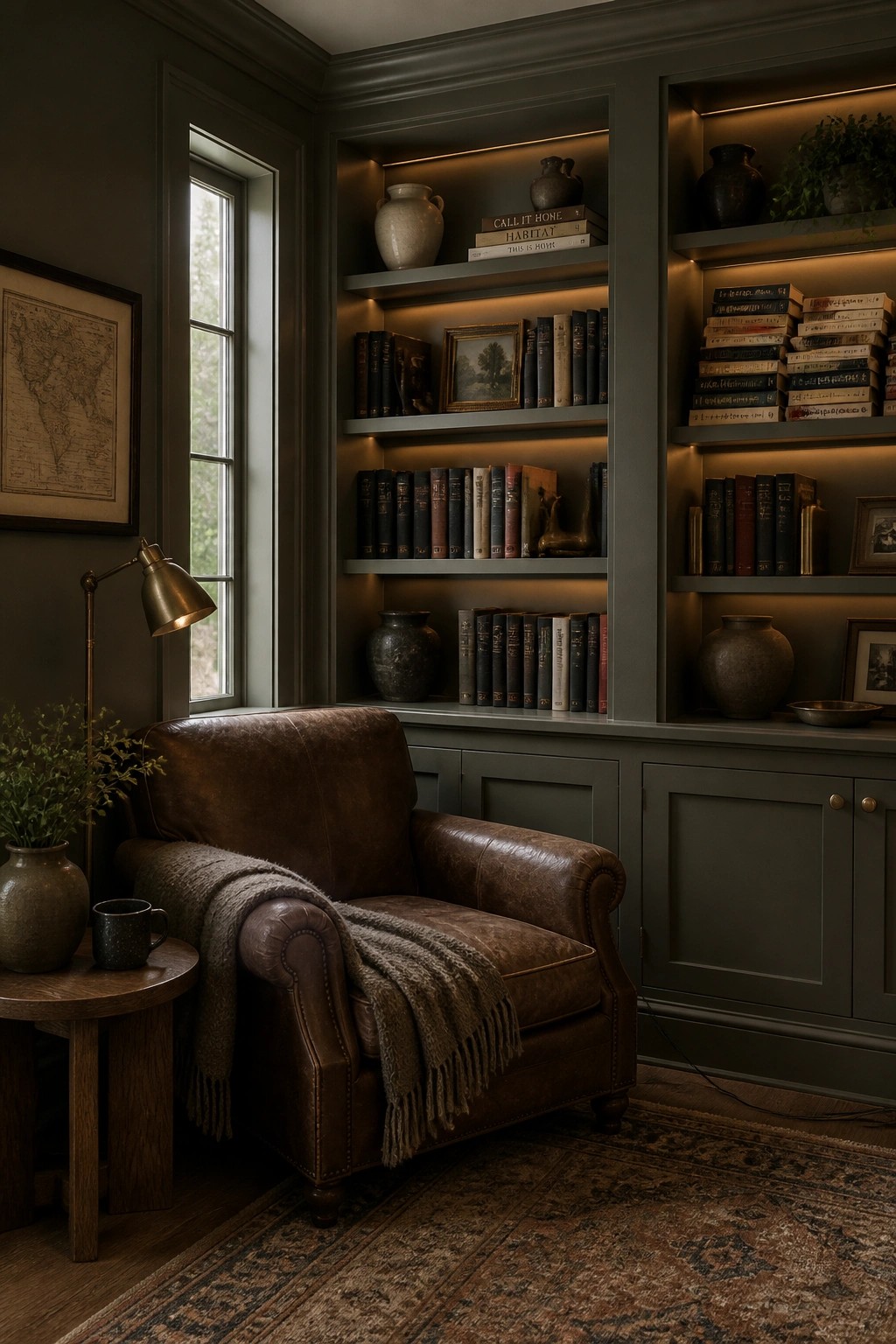 Dark gray green walls and built-in bookshelves in a dimly lit reading corner.