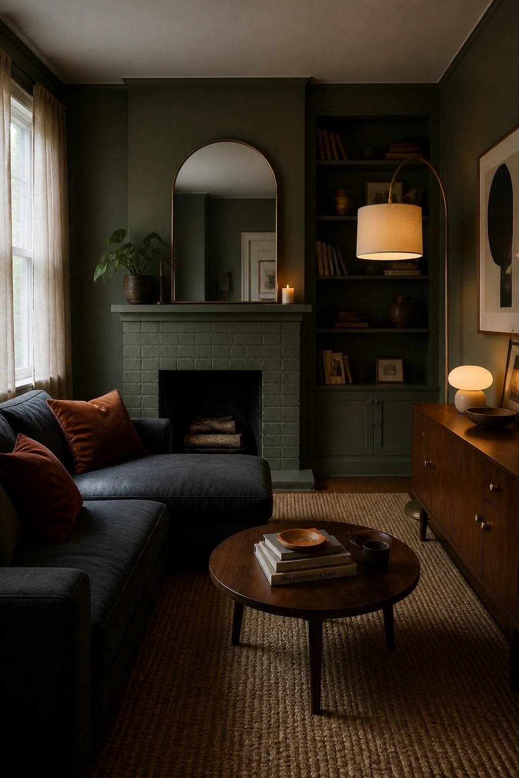 Dark olive green walls in a living room with a painted brick fireplace.