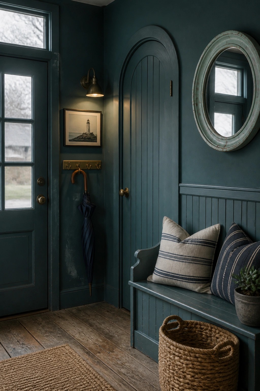 Deep teal walls in a low light entryway with wood flooring and a bench.