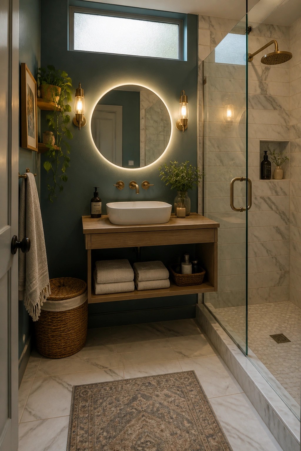 A bathroom with deep teal walls and a wood vanity under a round mirror.