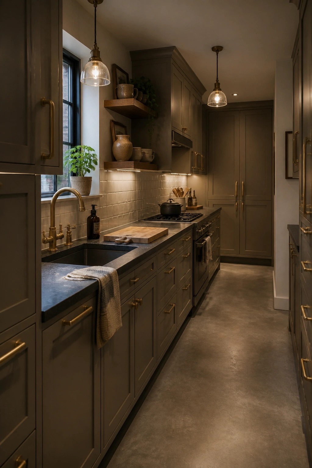Dark warm gray cabinets fill a narrow kitchen with brass hardware and concrete floors.