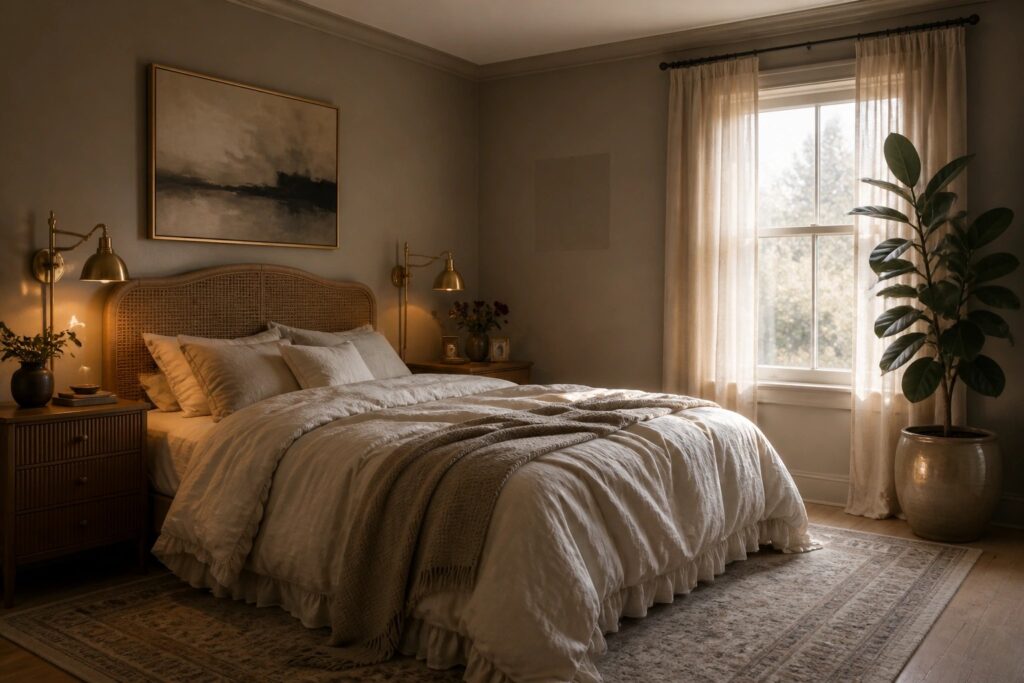 18 Clever Paint Colors for Low Light Rooms That Need Warmth and Depth Light warm greige walls in a bedroom with wood furniture.