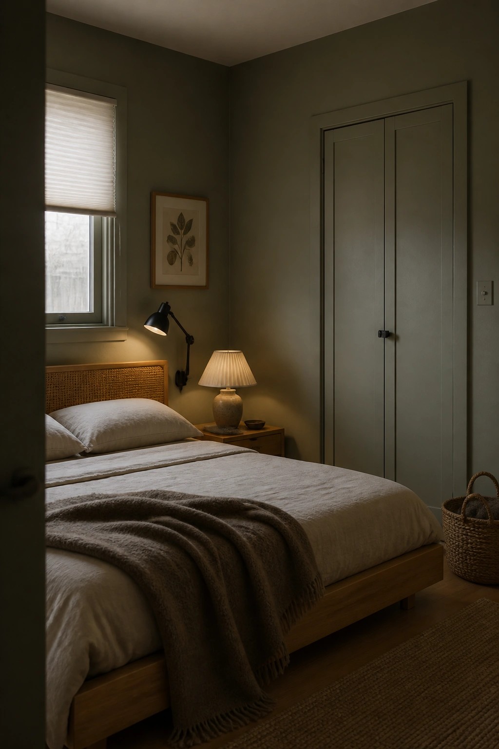 A bedroom with muted green walls and a wooden bed frame.
