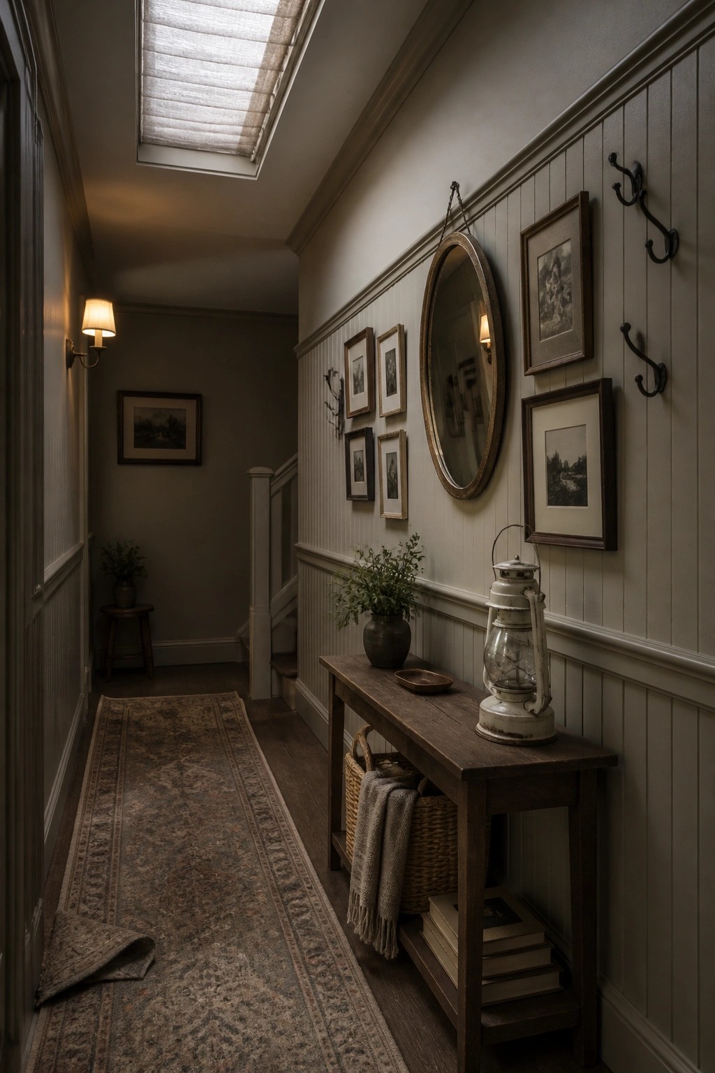 A narrow hallway with soft greige walls and dark wood trim.