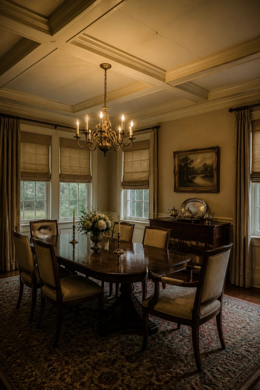 Elegant dining room with polished table, glowing chandelier, upholstered chairs, and antique sideboard.