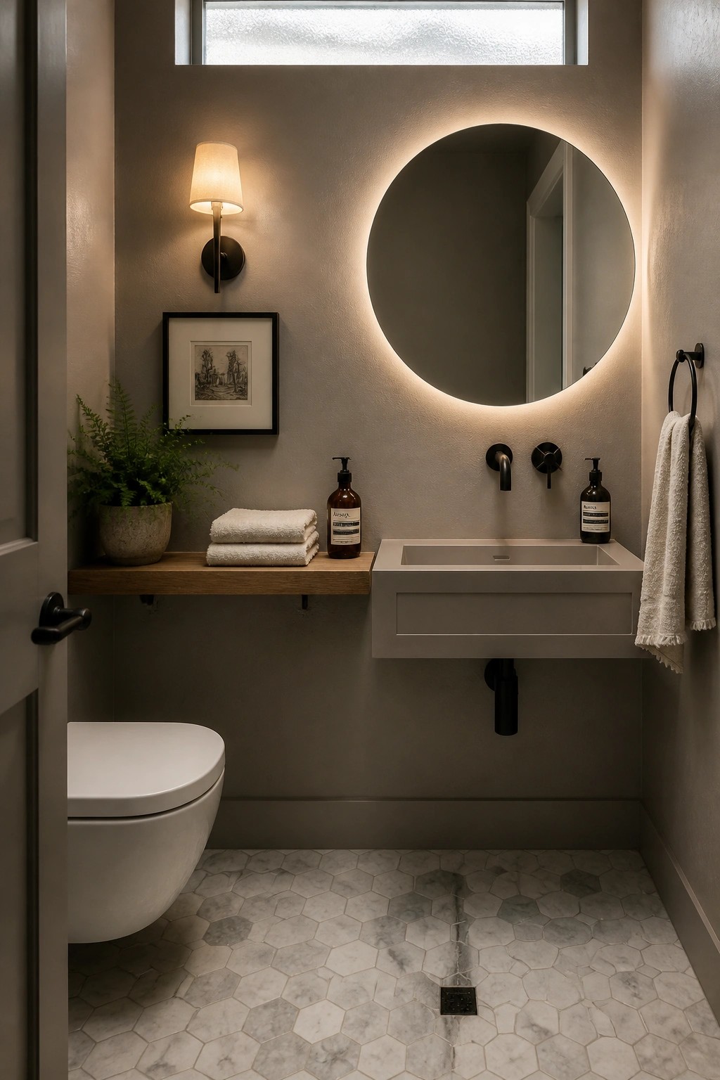A small bathroom with warm greige walls and a floating sink.