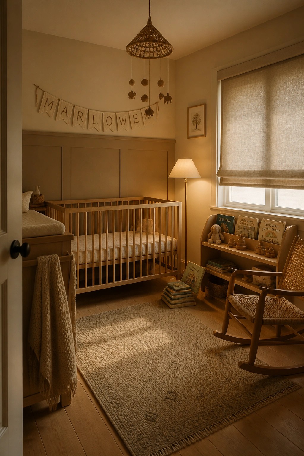 Warm greige walls in a low-light nursery with wood furniture.