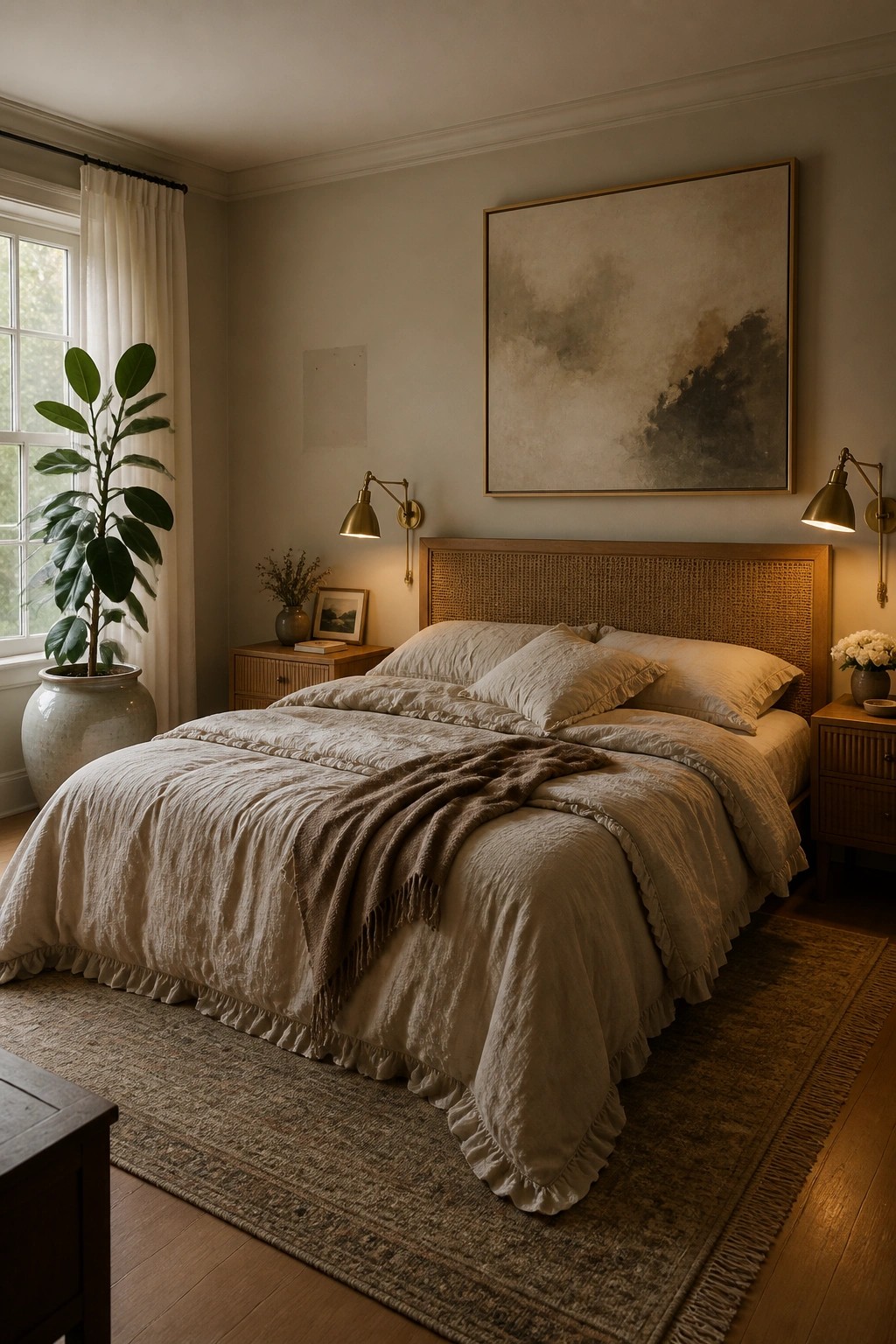Light warm greige walls in a bedroom with wood furniture.