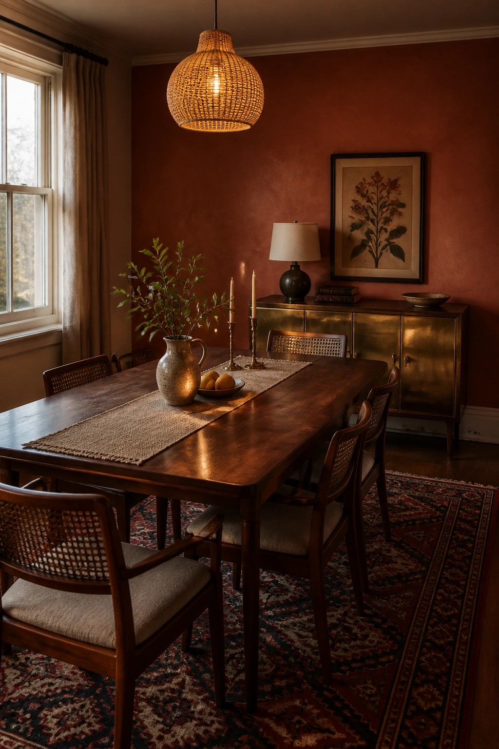 Dining room walls painted in a deep terracotta red.