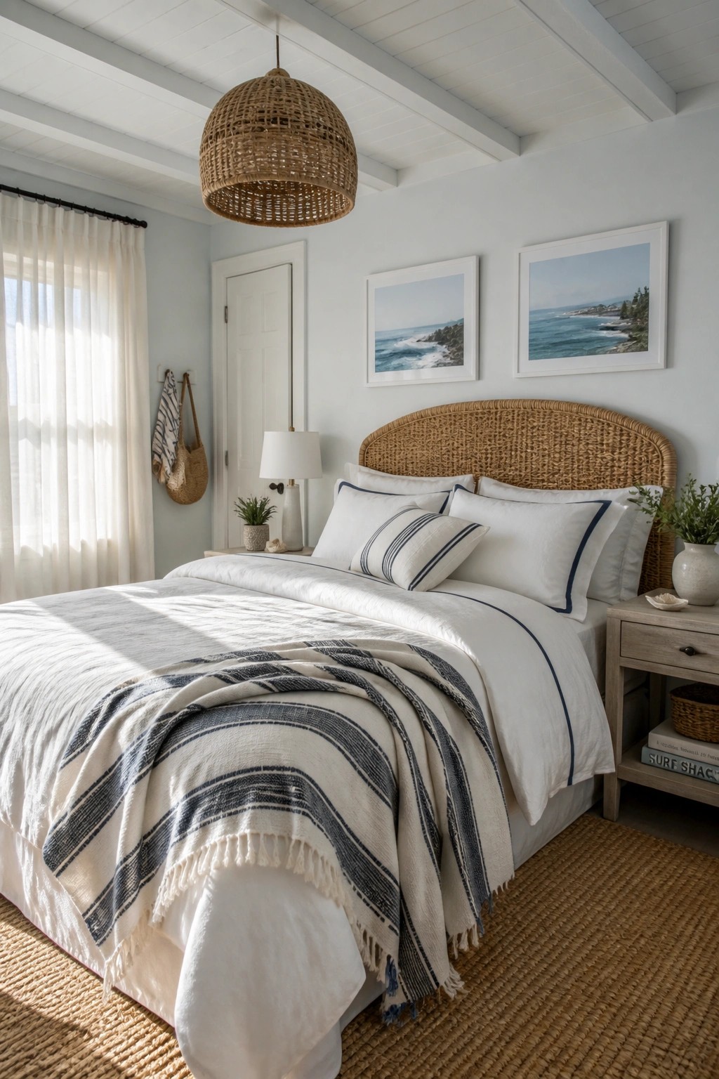 Bedroom interior with soft blue-white walls and a woven rattan headboard.