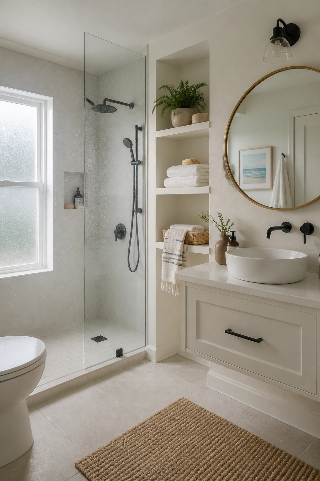 A bathroom with creamy white walls and a glass shower enclosure.