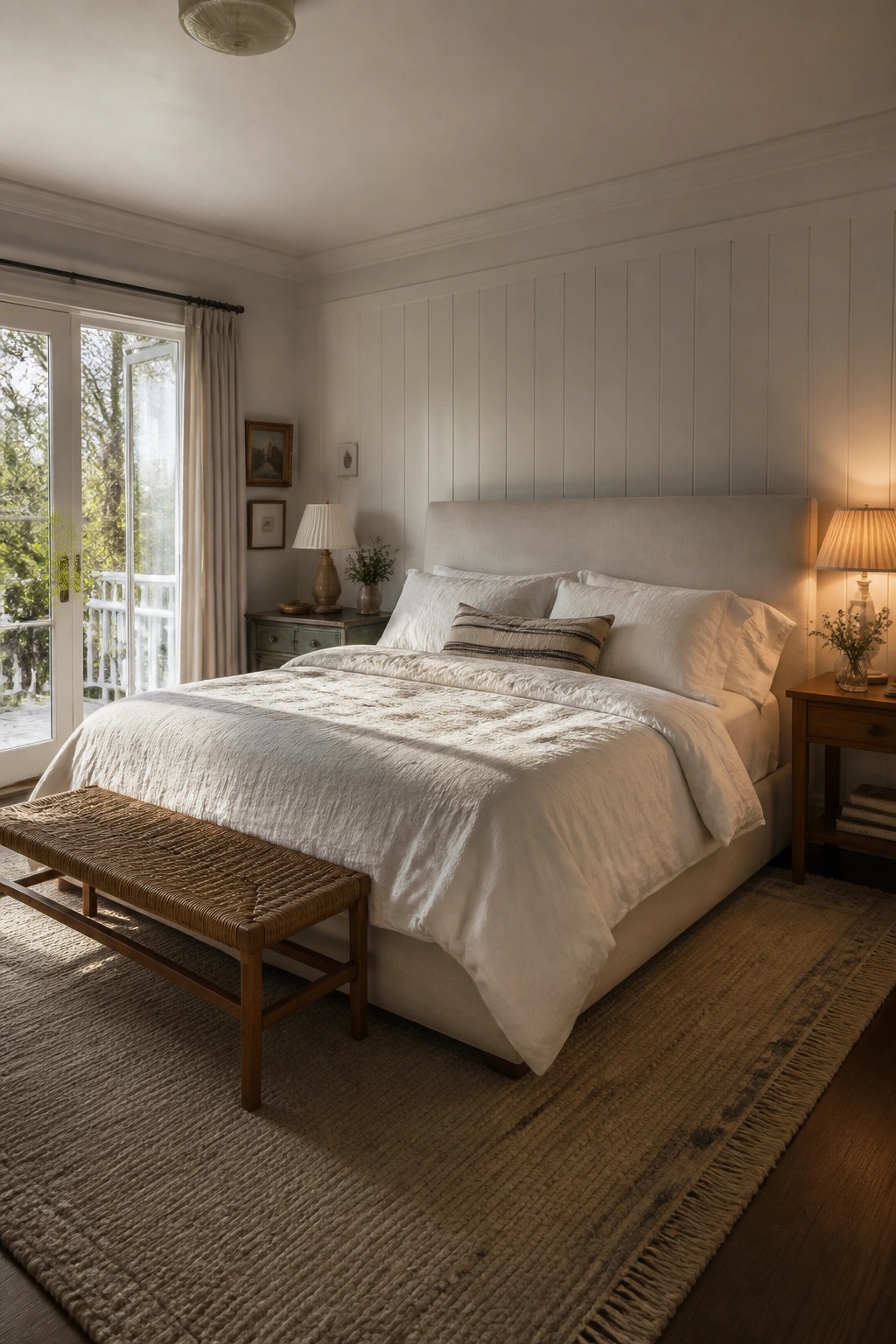 Serene bedroom with white bedding, upholstered headboard, woven bench, and jute rug.