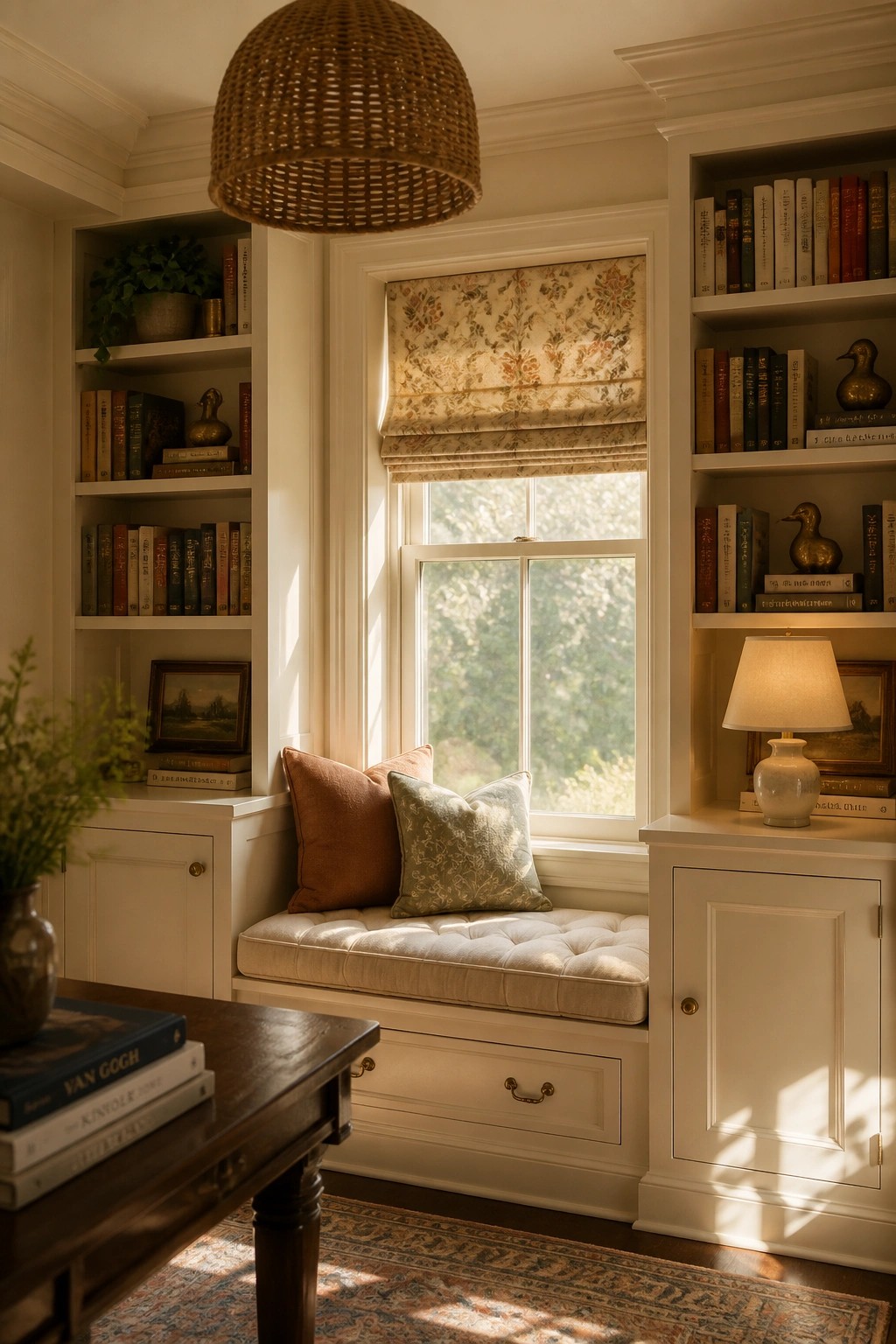 Built-in bookshelves and a window seat painted in creamy white.