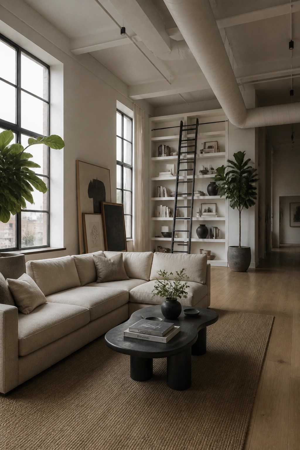 A living room with creamy white walls, wood floors, and large windows.