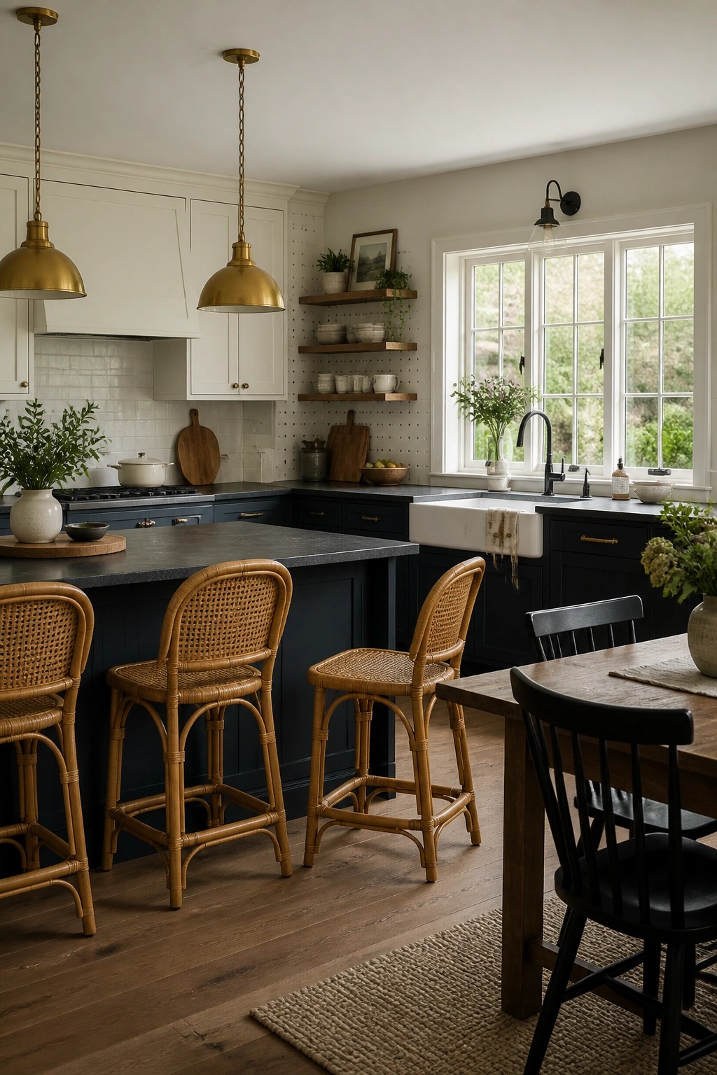 Creamy white cabinets fill a kitchen with dark blue island and brass pendant lights.