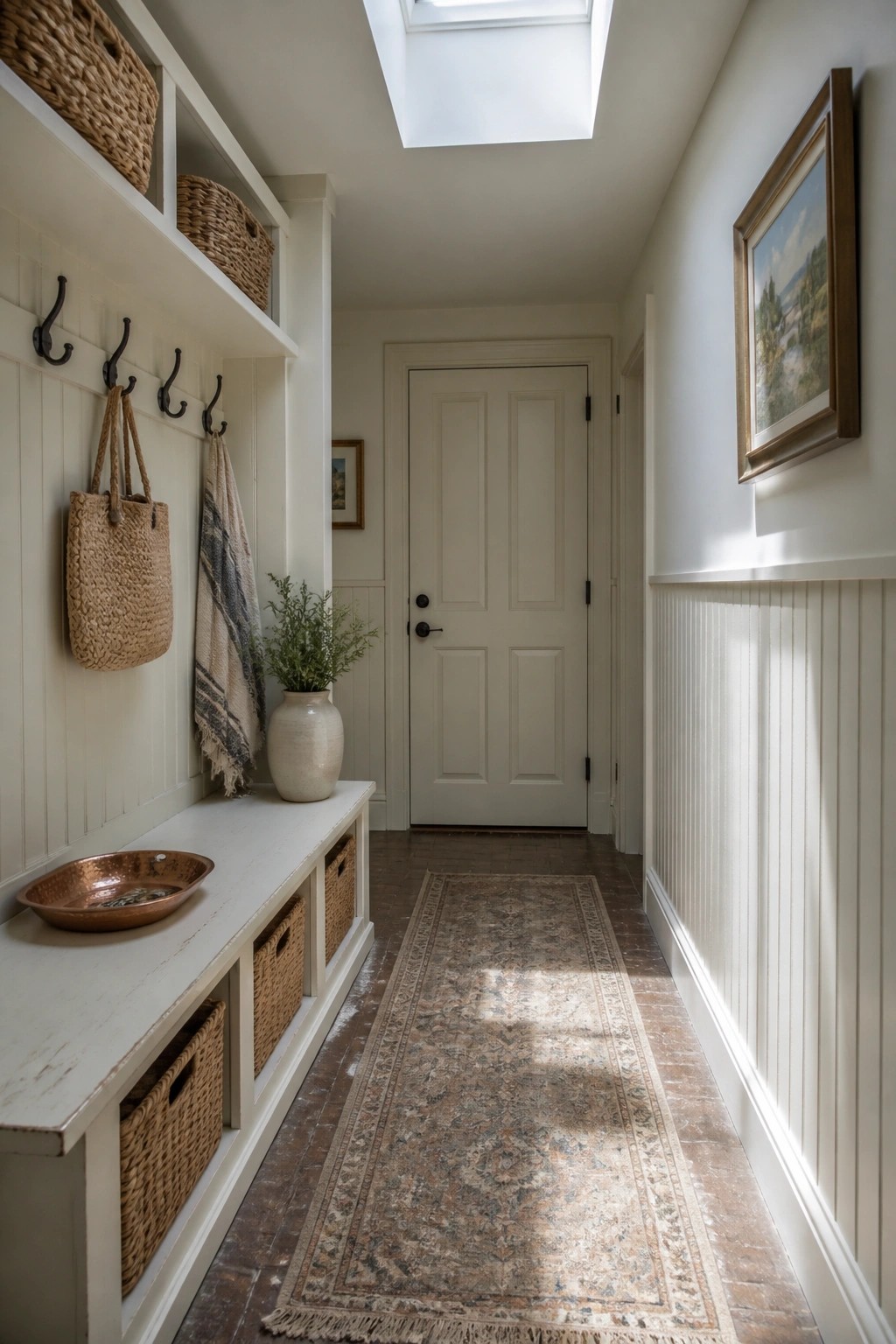 Sunlit narrow hallway with white bench, wicker baskets, hooks, skylight, and runner rug.
