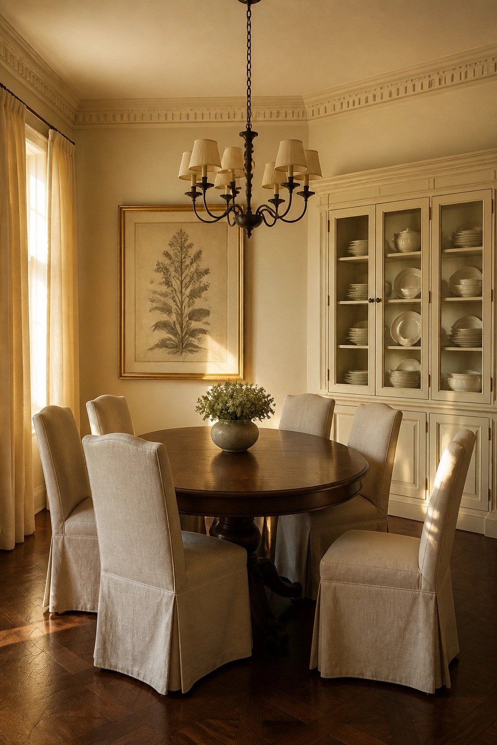 Creamy white walls in a dining room with dark wood furniture and built-in cabinetry.
