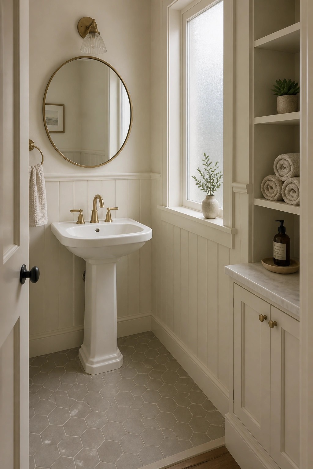 A bathroom corner with creamy white walls and white wainscoting.