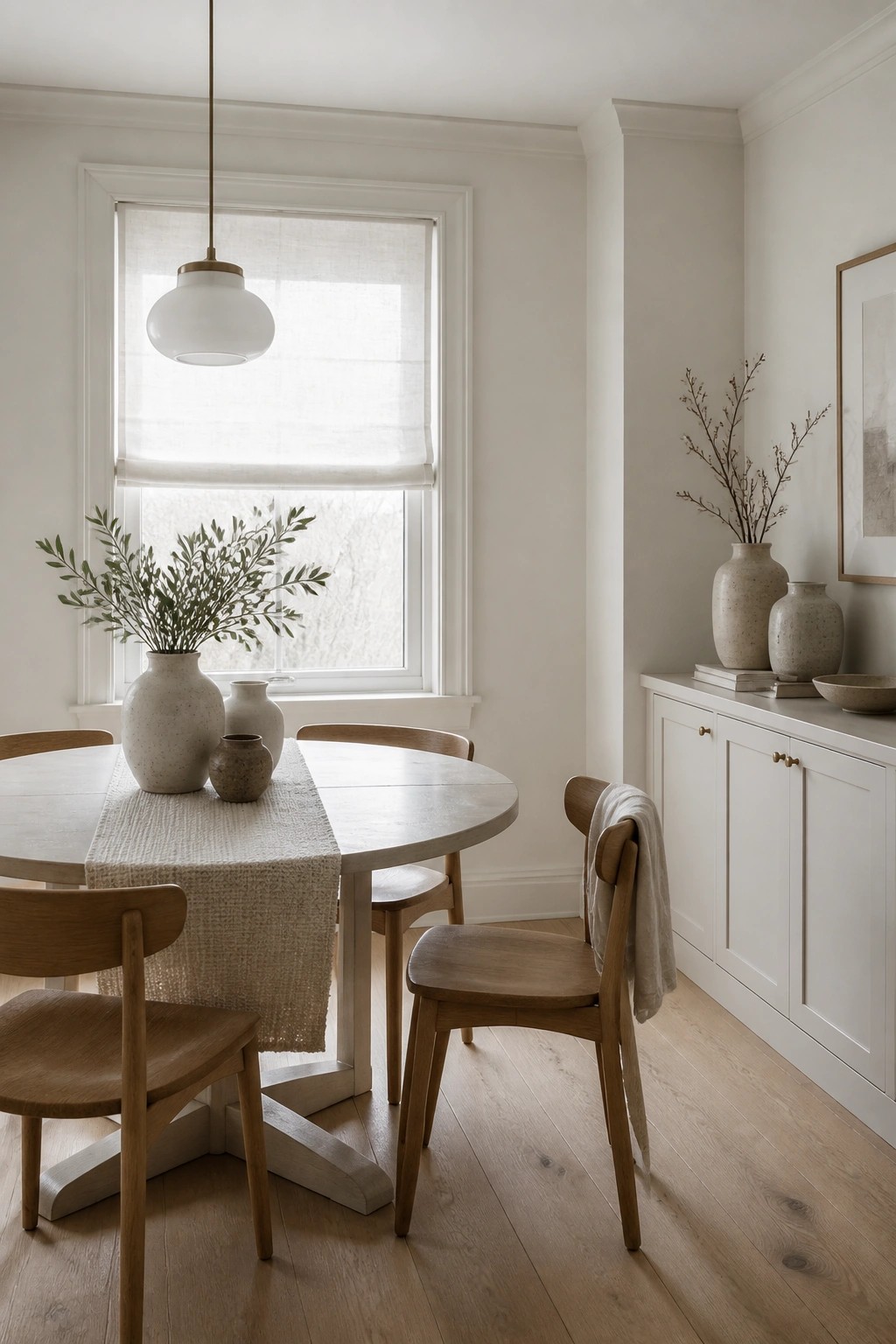 Creamy white walls and cabinetry in a dining area with wood furniture.