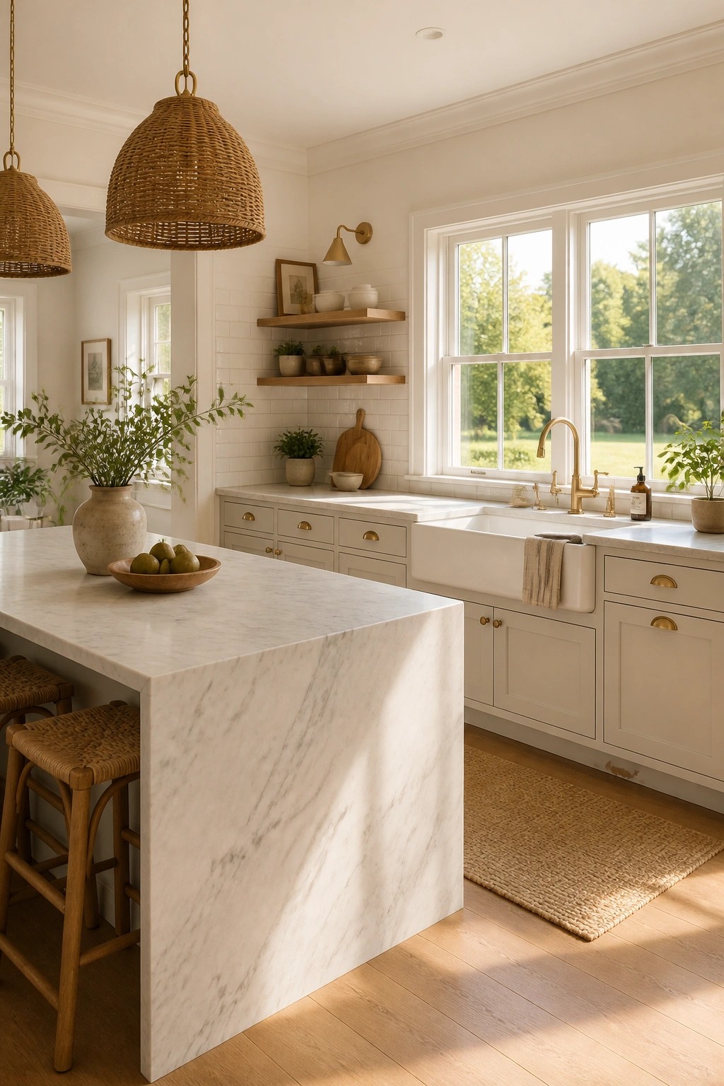 Creamy white walls and cabinets in a bright kitchen with wood floors and a marble island.
