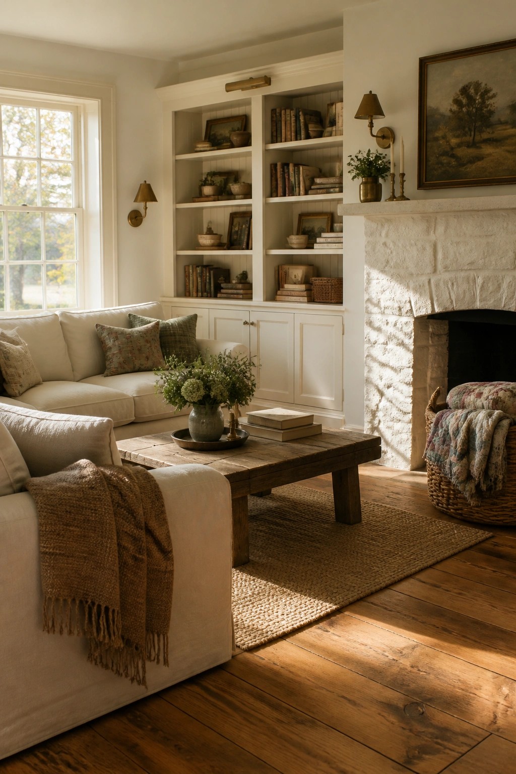A living room with creamy white walls, trim, and built-in bookshelves.