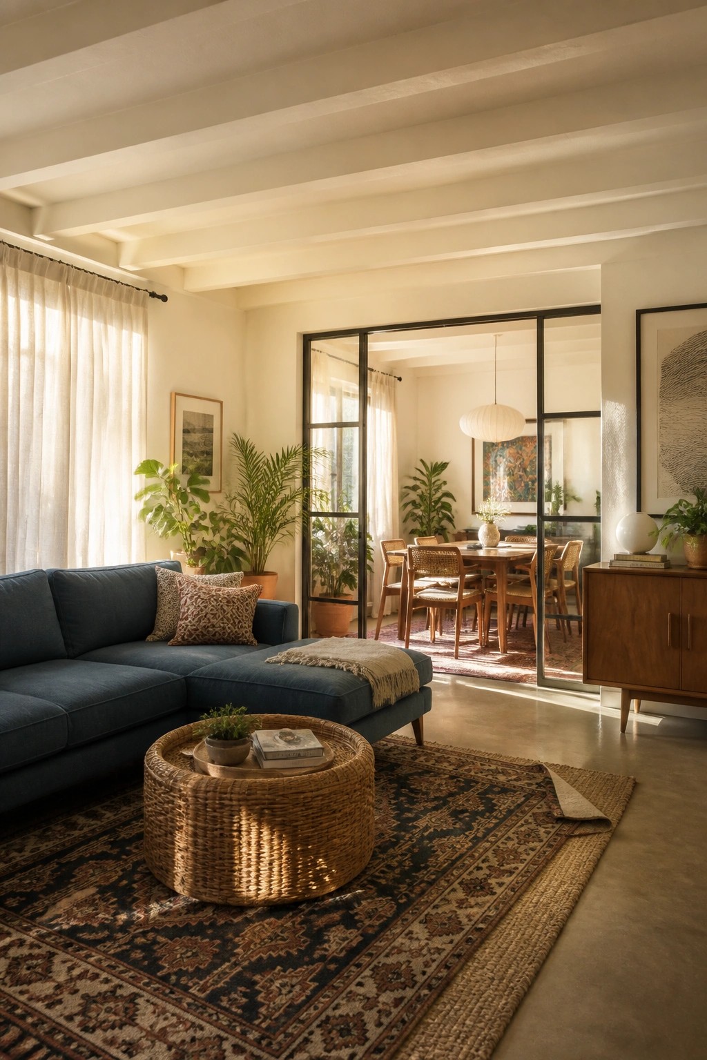 Creamy white walls in an open living room with wood furniture and a blue sectional.