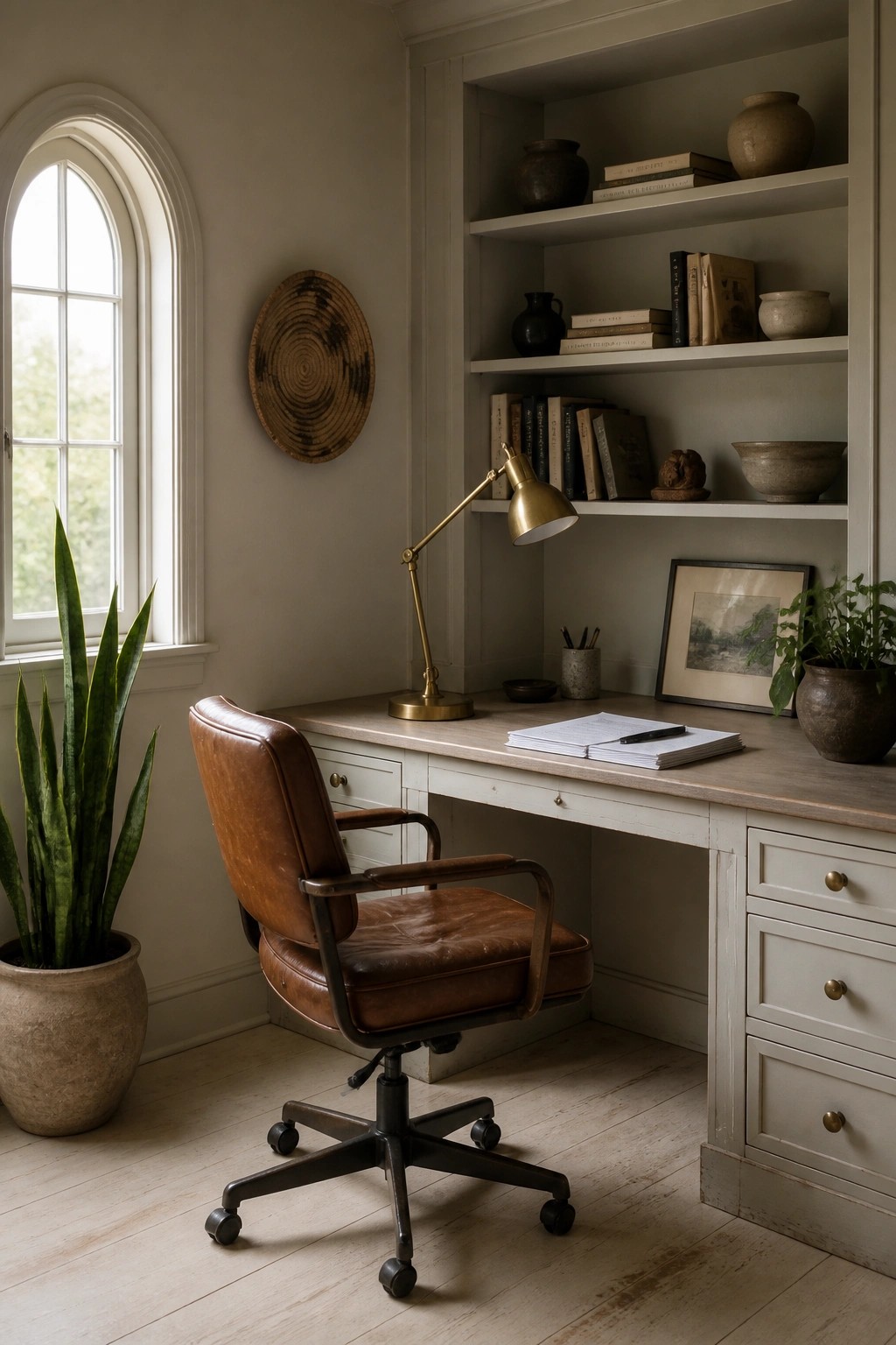 A home office with creamy white walls and built-in shelves.