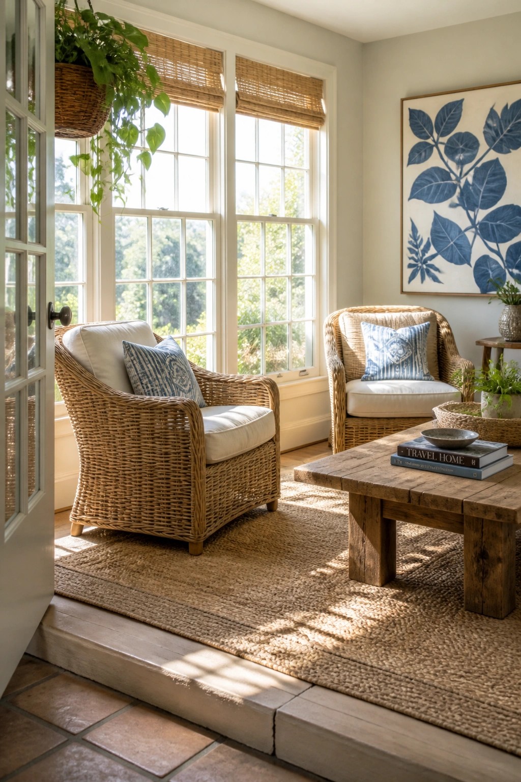 Living room with creamy white walls and large windows.