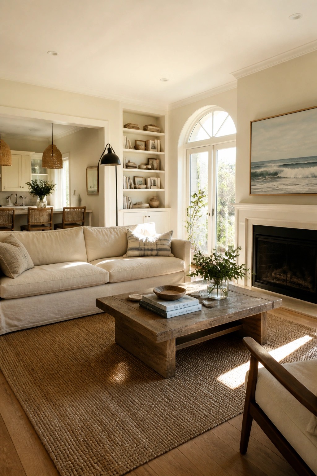 Sunlit living room with white sofa, rustic coffee table, and fireplace.