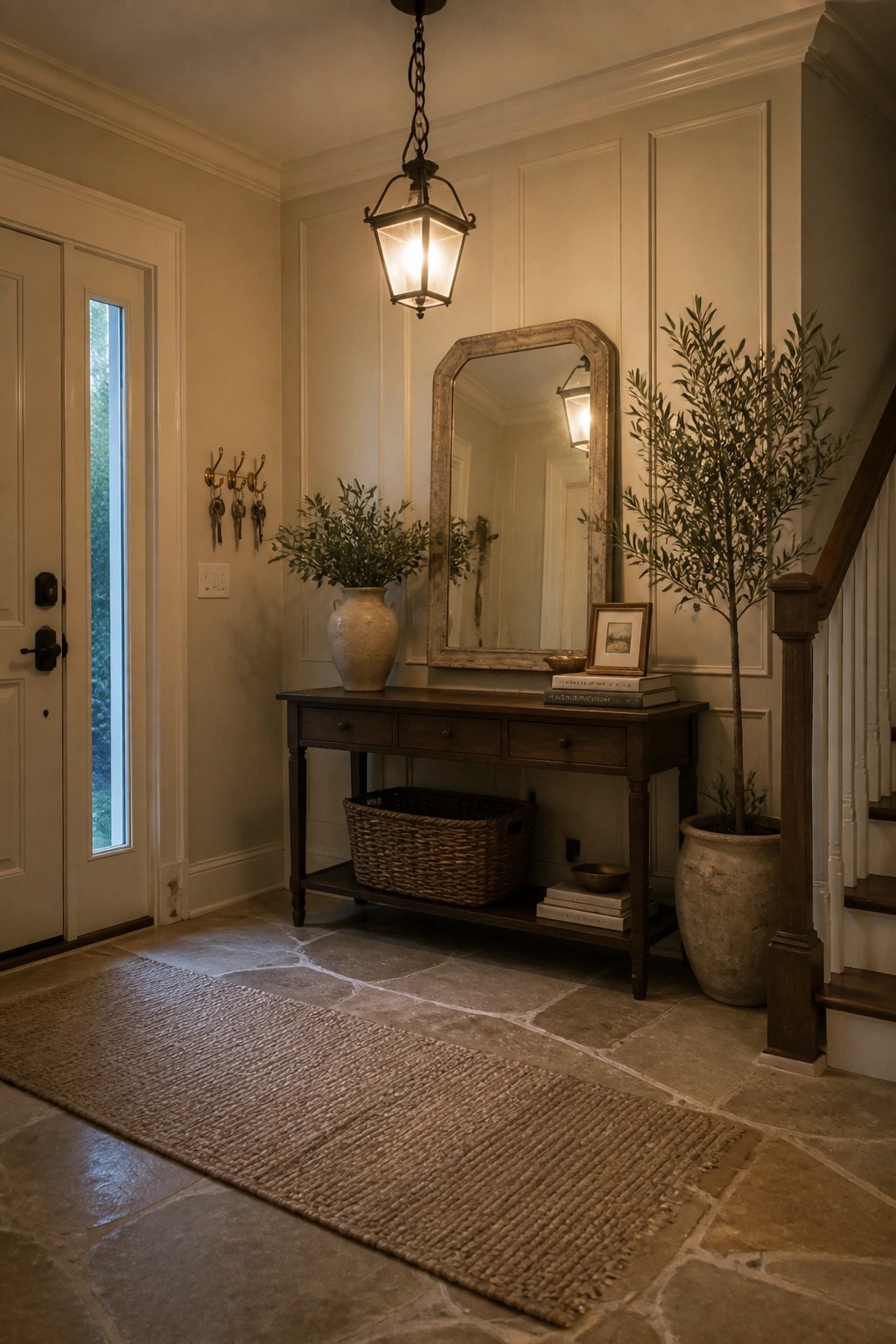Creamy white walls in a home entryway with wood furniture and stone flooring.