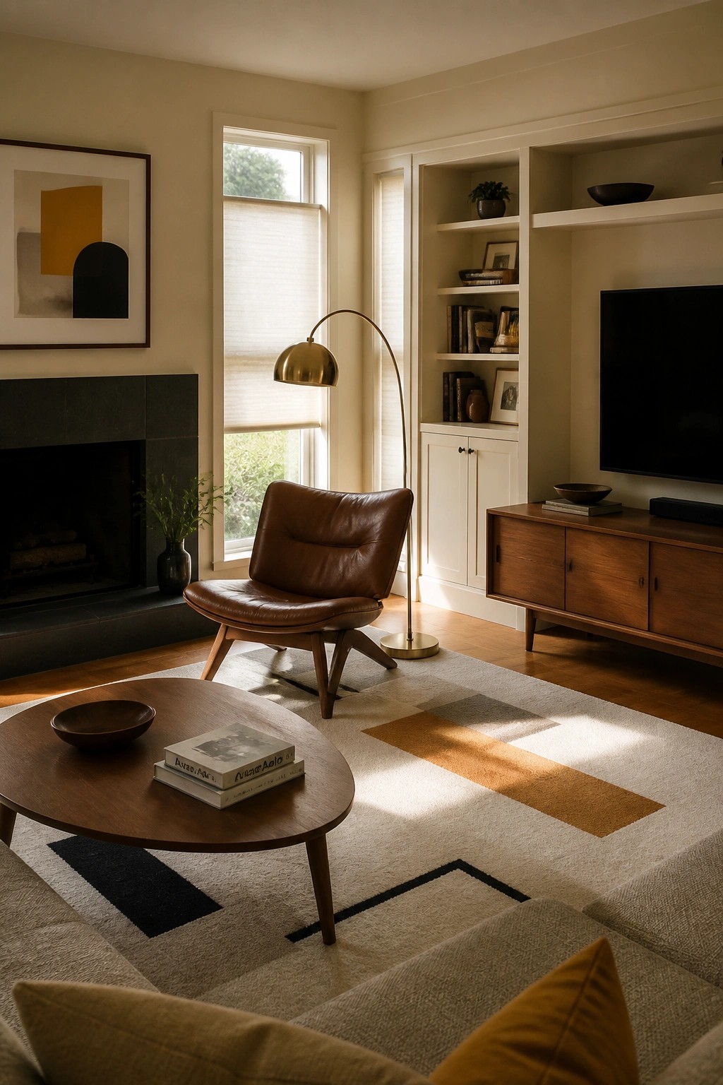 Creamy white walls in a living room with wood floors and built-in shelves.