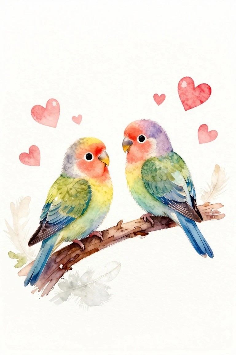 Two colorful birds perch on a branch facing each other with pink hearts floating around them in a watercolor style.