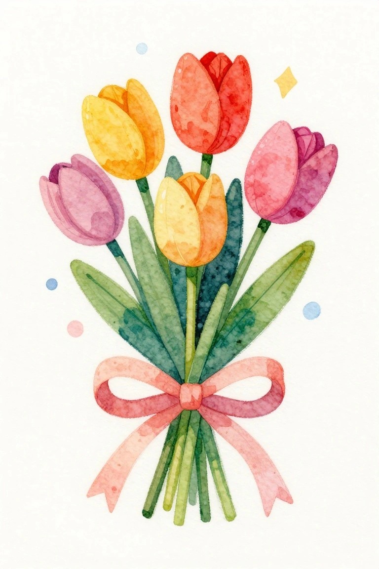 A watercolor painting of a bouquet of colorful tulips tied with a pink ribbon.
