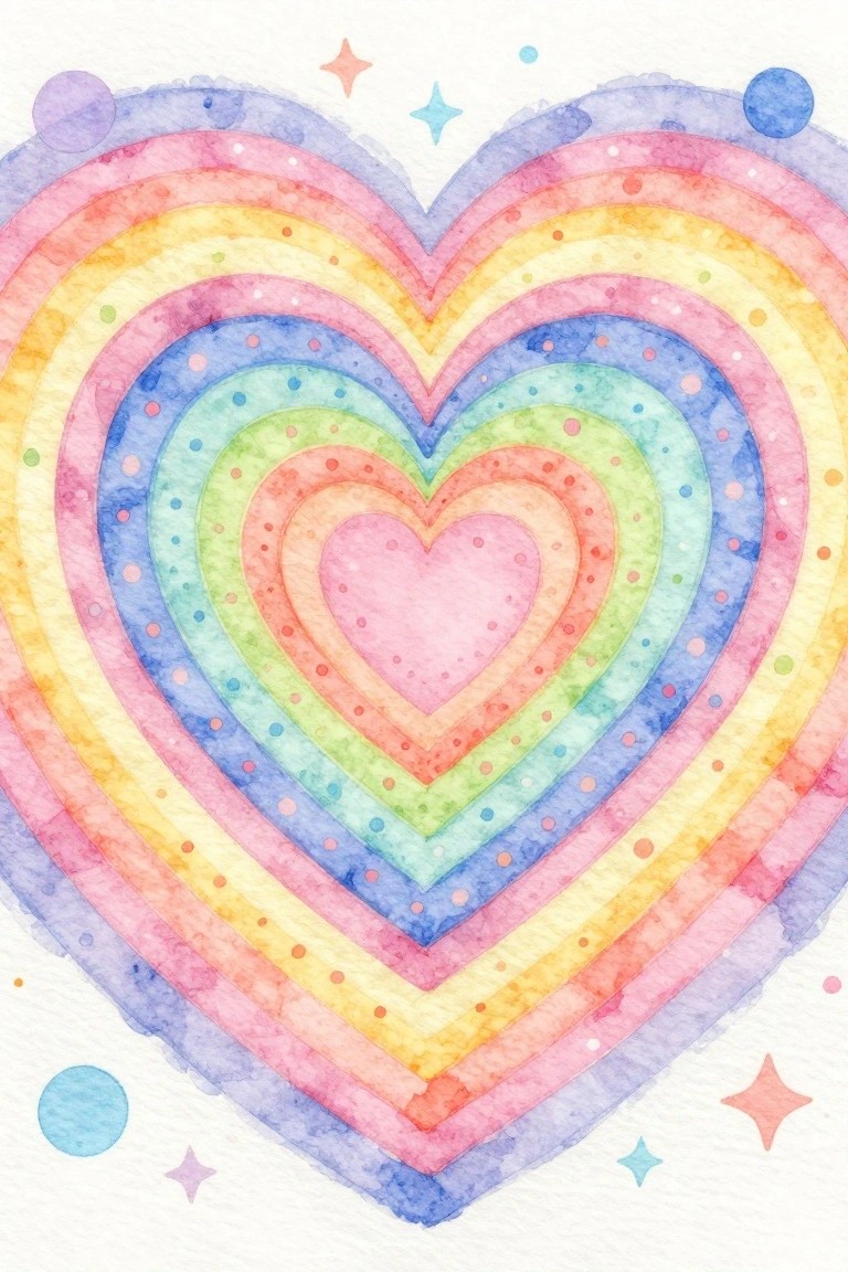 A watercolor-style painting of concentric rainbow hearts with dotted textures and small stars and circles scattered around the edges on a white background.