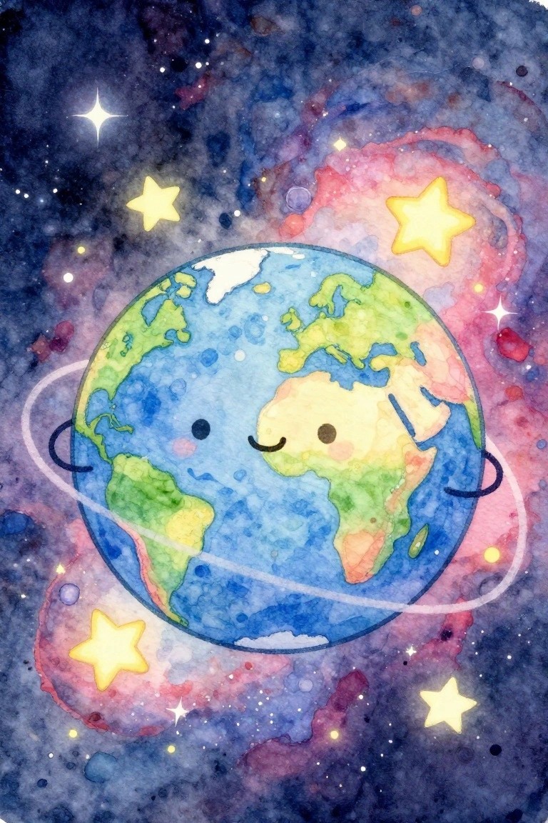 Watercolor Earth with cute smiling face, ring, and yellow stars in colorful nebula.