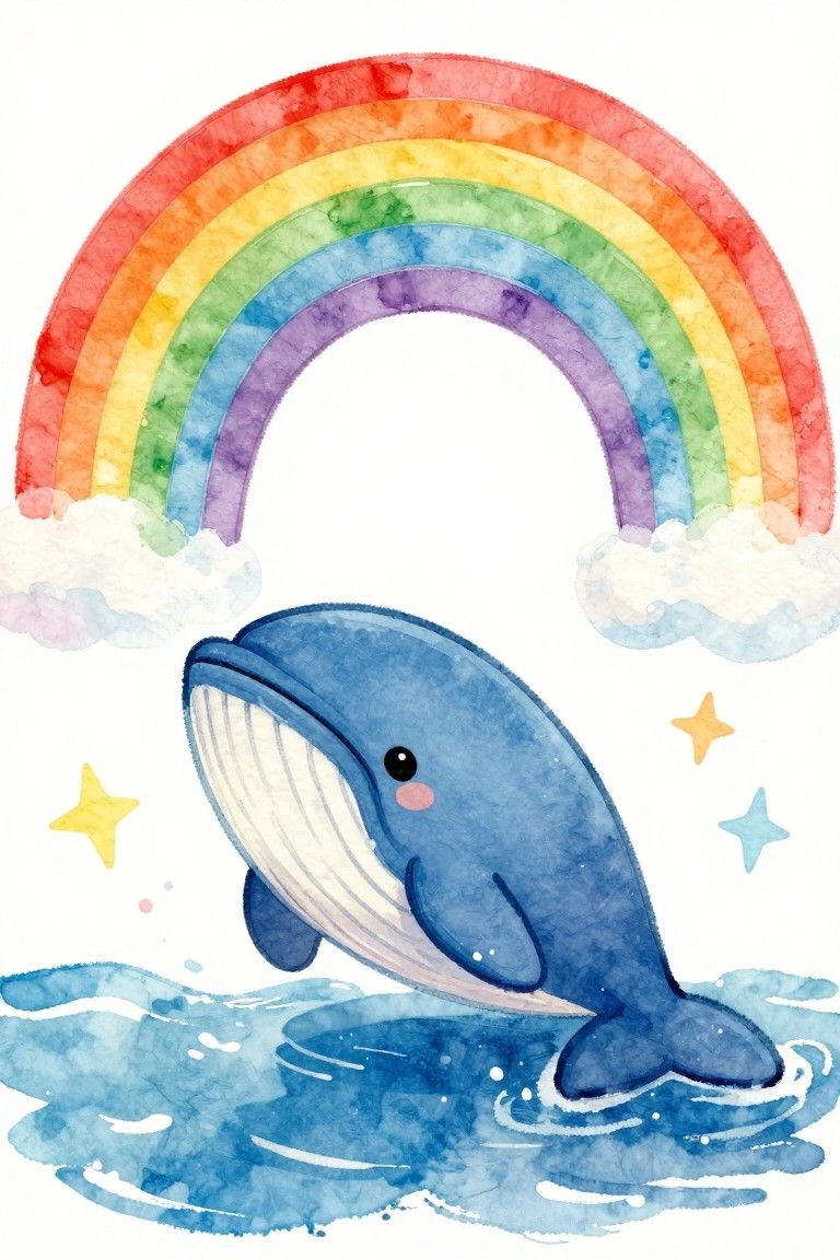 Cute blue whale leaping from water under vibrant rainbow with stars