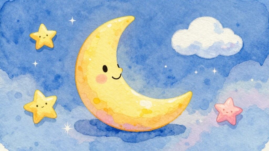 17 Creative Mini Canvas Painting Ideas Made for Cute Gift Sets Watercolor illustration of smiling crescent moon with stars and cloud in blue sky