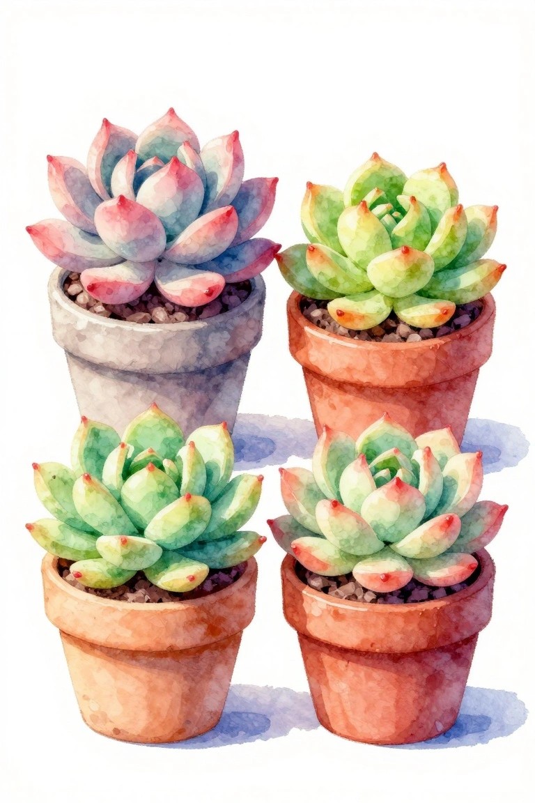 Four succulents in terracotta and gray pots, painted in soft watercolor hues.