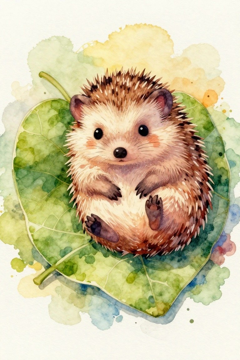 Cute hedgehog perched on large green leaf in soft watercolor style.