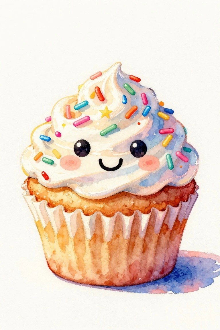 Cute watercolor cupcake with smiling face, pink cheeks, and rainbow sprinkles.