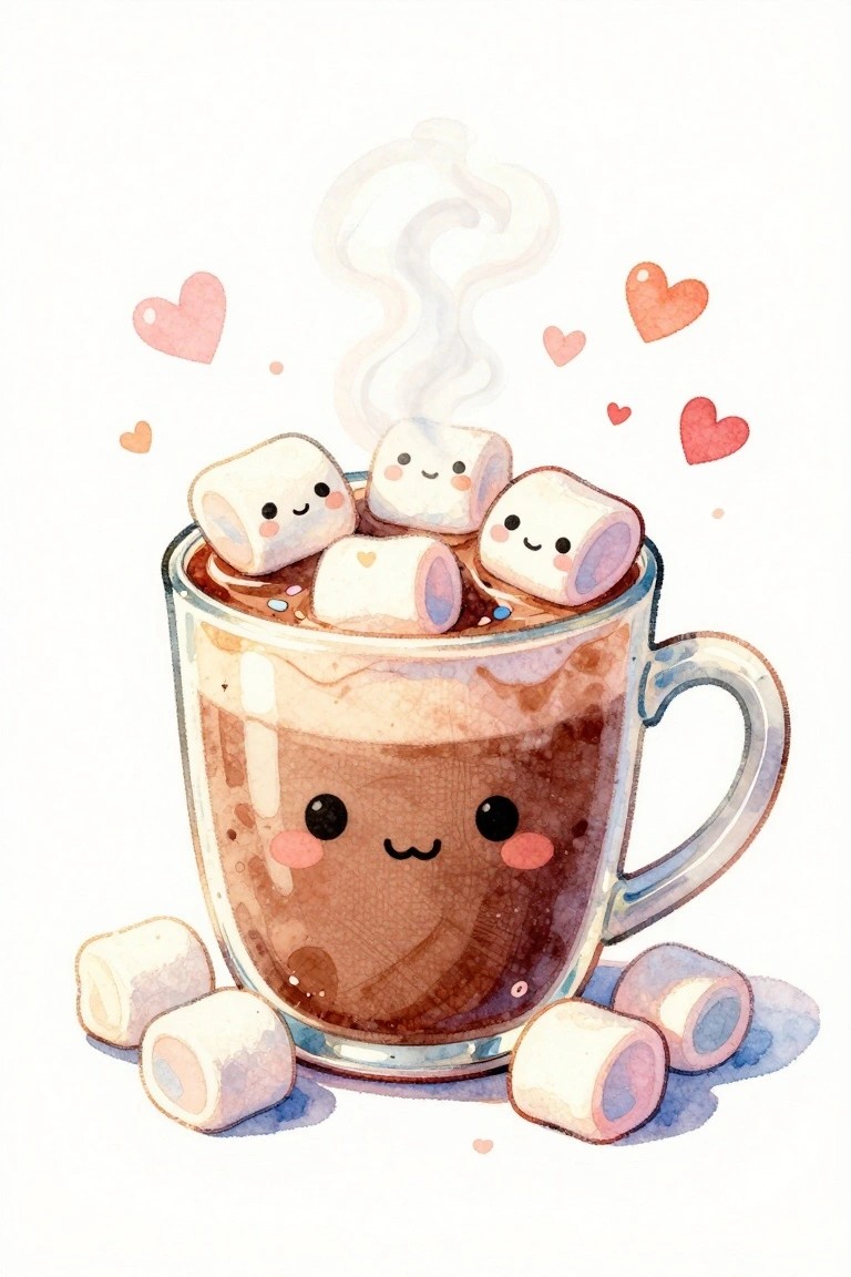 Cute watercolor mug with face, filled with cocoa and smiling marshmallows, hearts and steam around.
