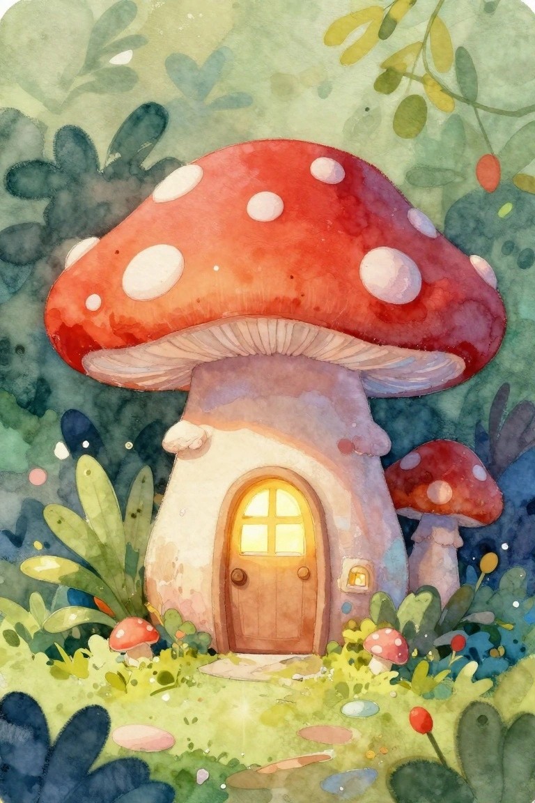 A watercolor painting of a large red mushroom with white spots used as a house, featuring a brown door with a glowing window and smaller mushrooms in a green setting.