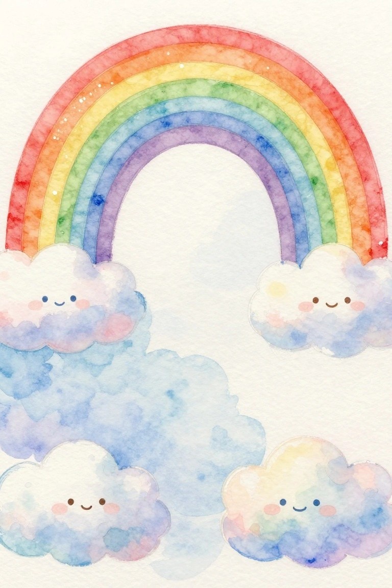 Watercolor rainbow arching over cute smiling clouds with pastel faces.