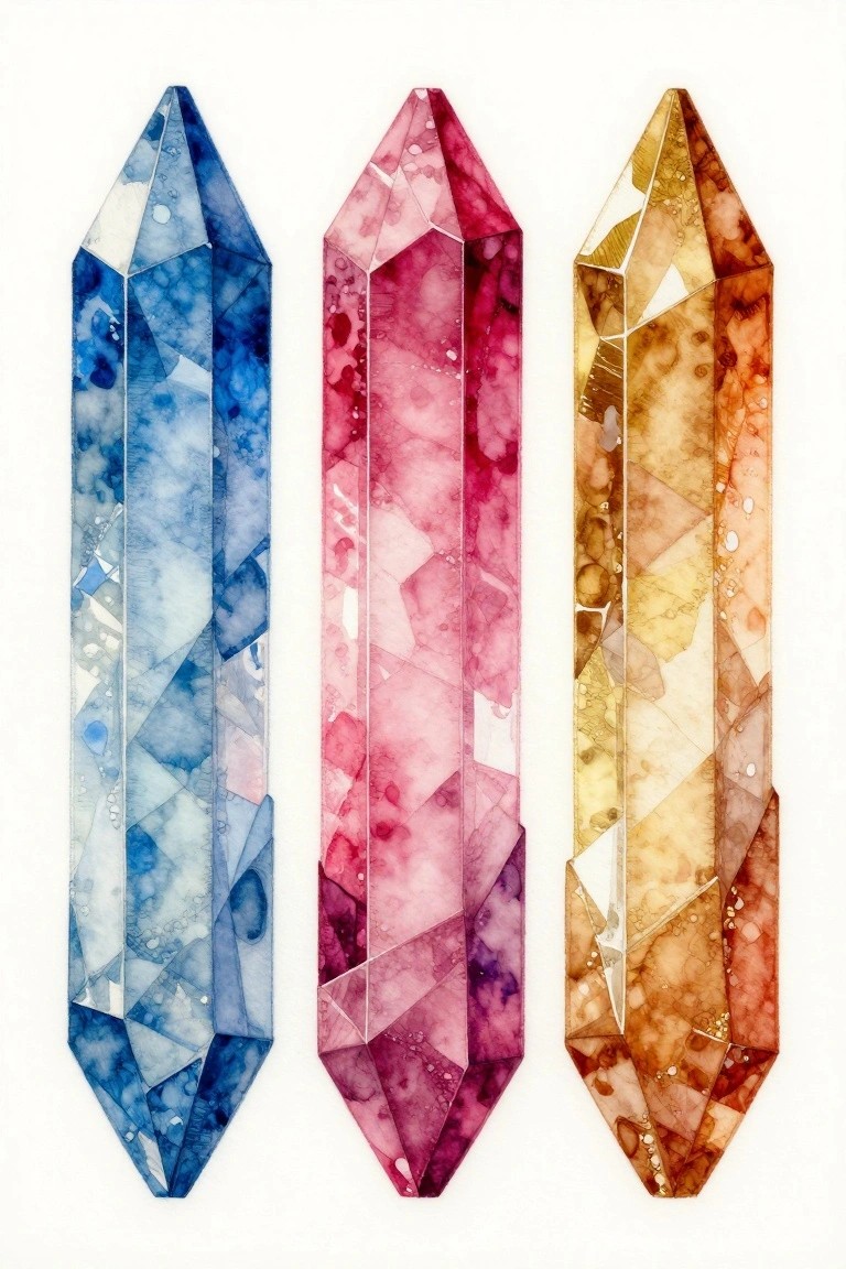 Three faceted watercolor crystals in blue, pink, and amber tones