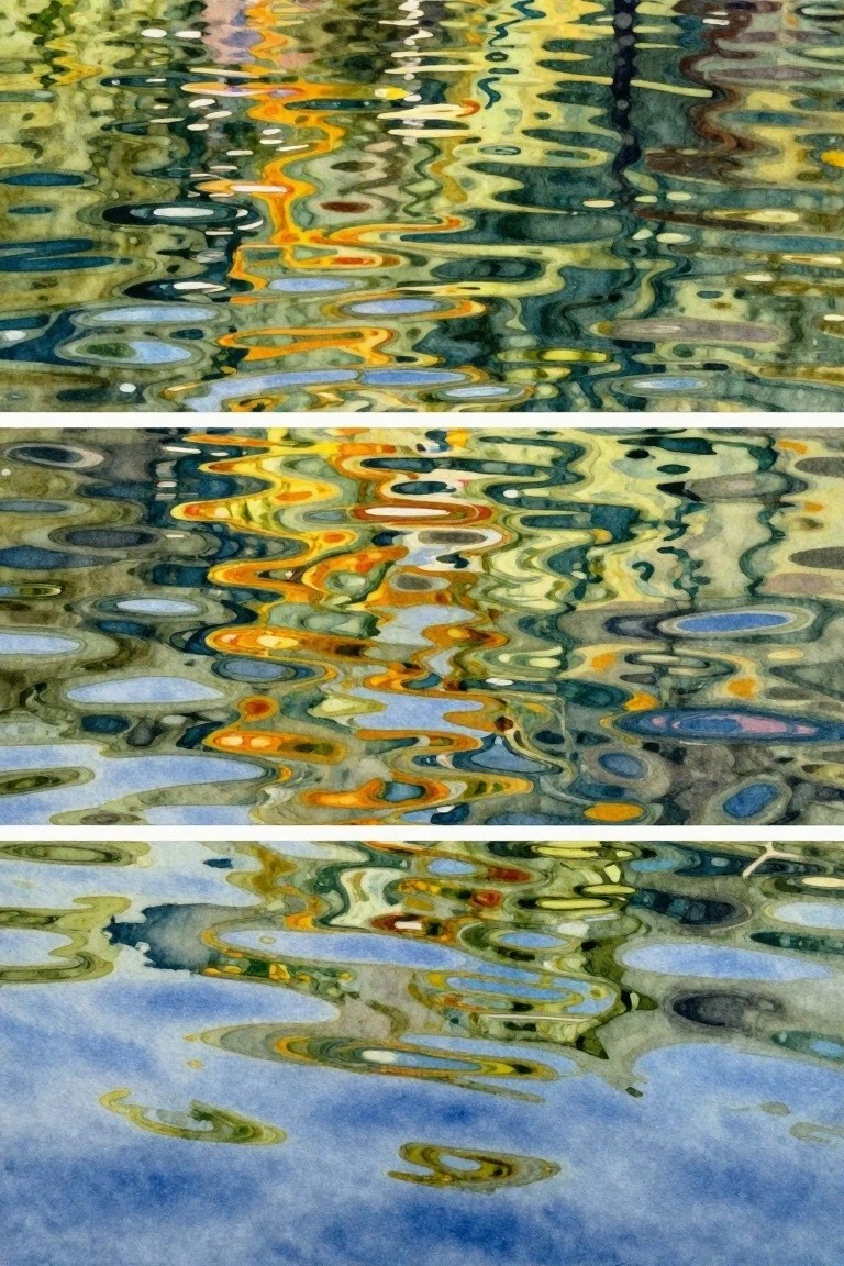 Three stacked panels of abstract watercolor ripples in blue, green, and orange.