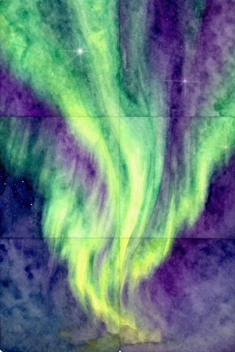 Watercolor aurora borealis with swirling green and purple lights in starry sky